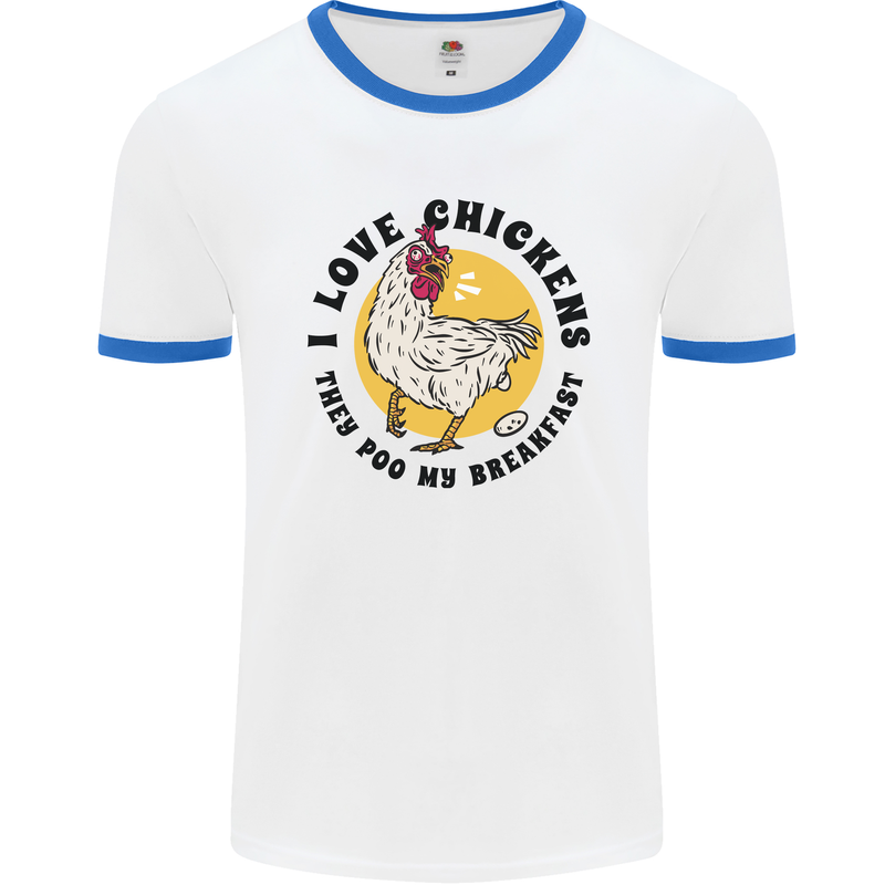 Chickens Poo My Breakfast Funny Food Eggs Mens White Ringer T-Shirt White/Royal Blue