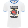 Raising the Steaks Funny BBQ Grill Mens White Ringer T-Shirt White/Royal Blue