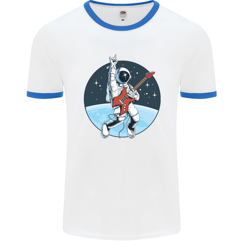 Space Rock Funny Astronaut Guitar Guitarist Mens White Ringer T-Shirt White/Royal Blue