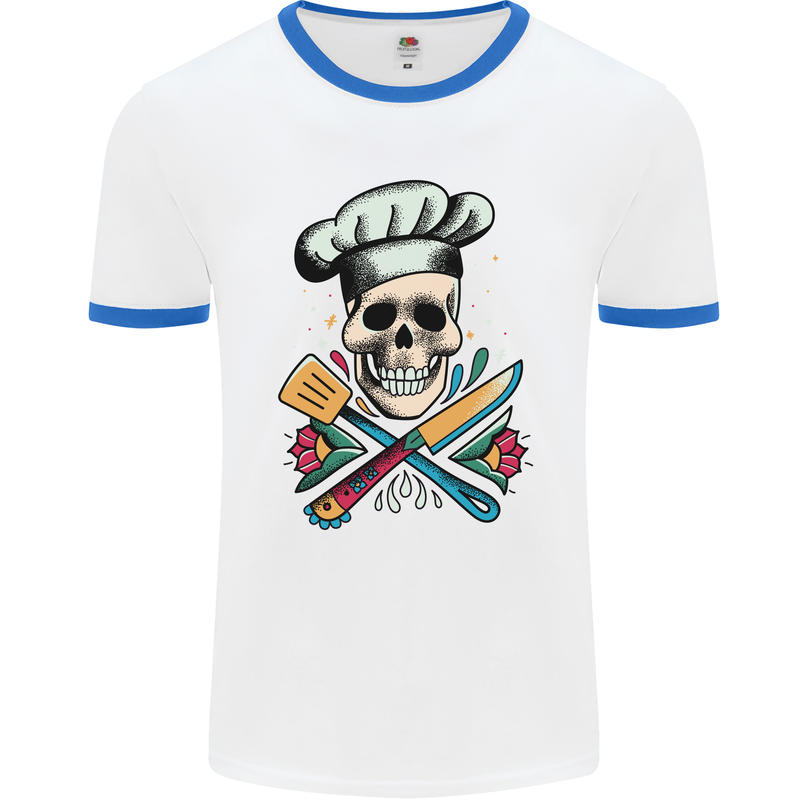 Chef Skull Mens White Ringer T-Shirt White/Royal Blue