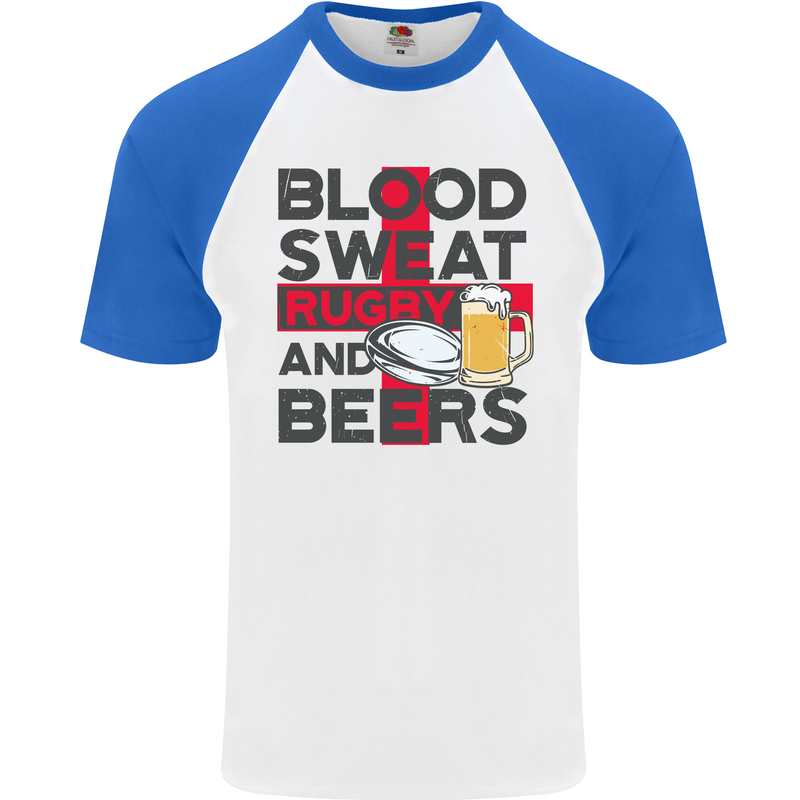 Blood Sweat Rugby and Beers England Funny Mens S/S Baseball T-Shirt White/Royal Blue