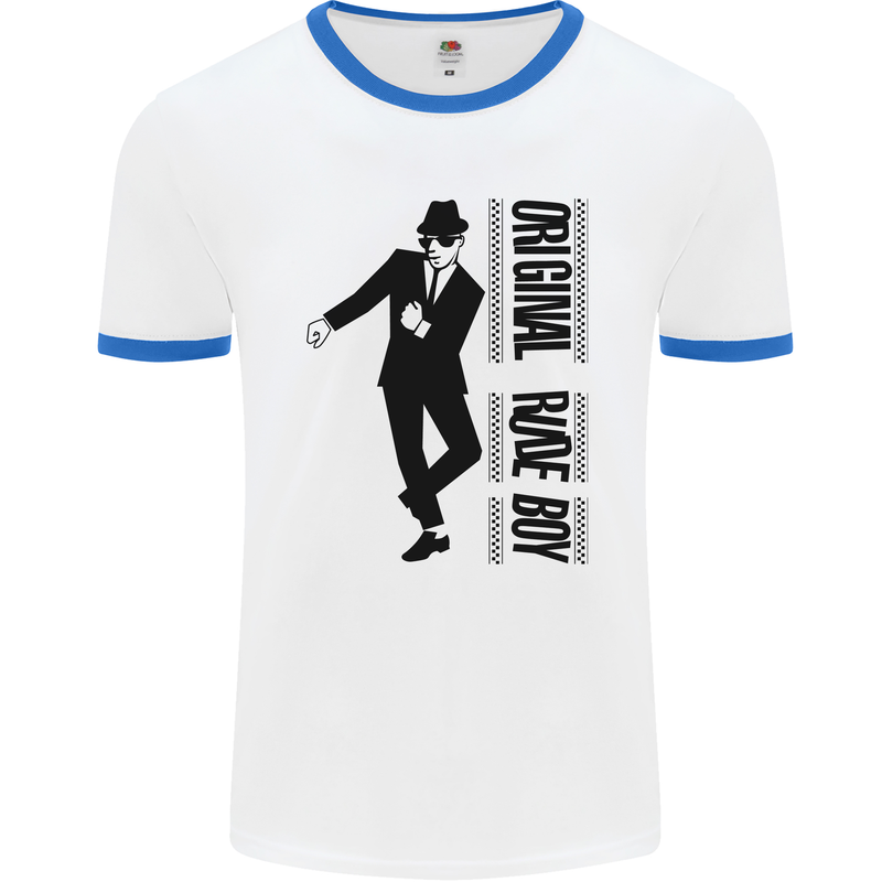 Original Rude Boy 2Tone 2 Tone SKA Mens White Ringer T-Shirt White/Royal Blue