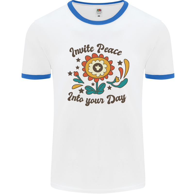 Invite Peace Day Hippy Flower Power Funny Mens White Ringer T-Shirt White/Royal Blue