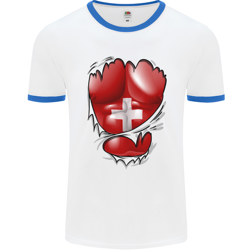 Gym Swiss Flag Ripped Muscles Switzerland Mens White Ringer T-Shirt White/Royal Blue