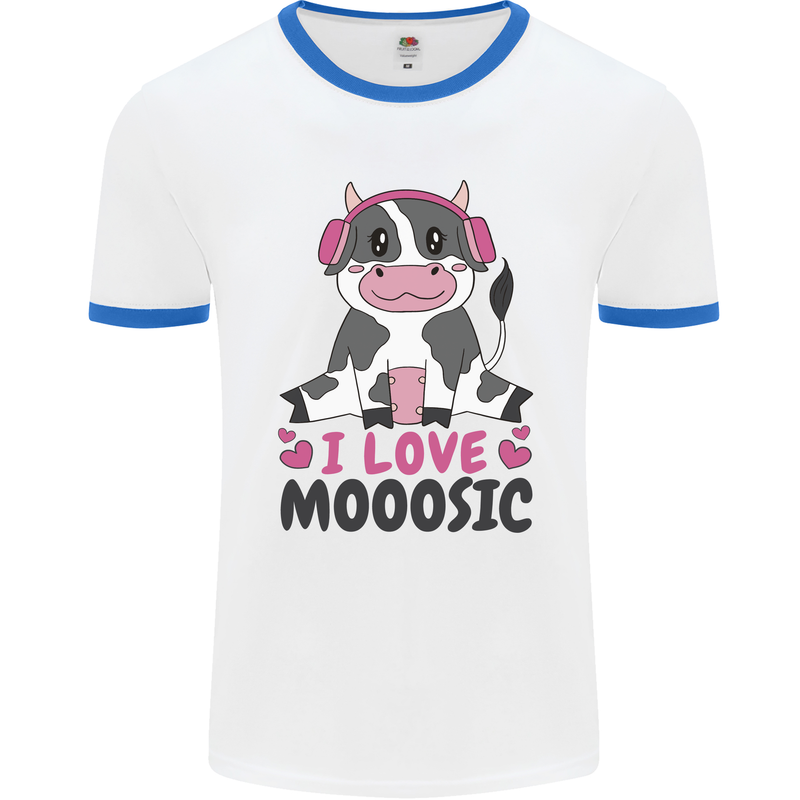 I Love Mooosic Funny Cow DJ Mens White Ringer T-Shirt White/Royal Blue