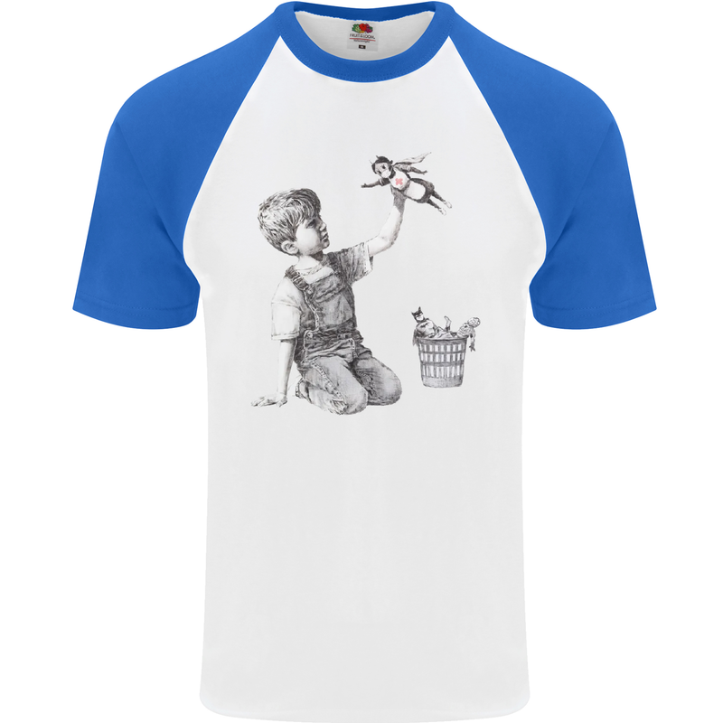 Banksy NHS Nurse Superhero Mens S/S Baseball T-Shirt White/Royal Blue