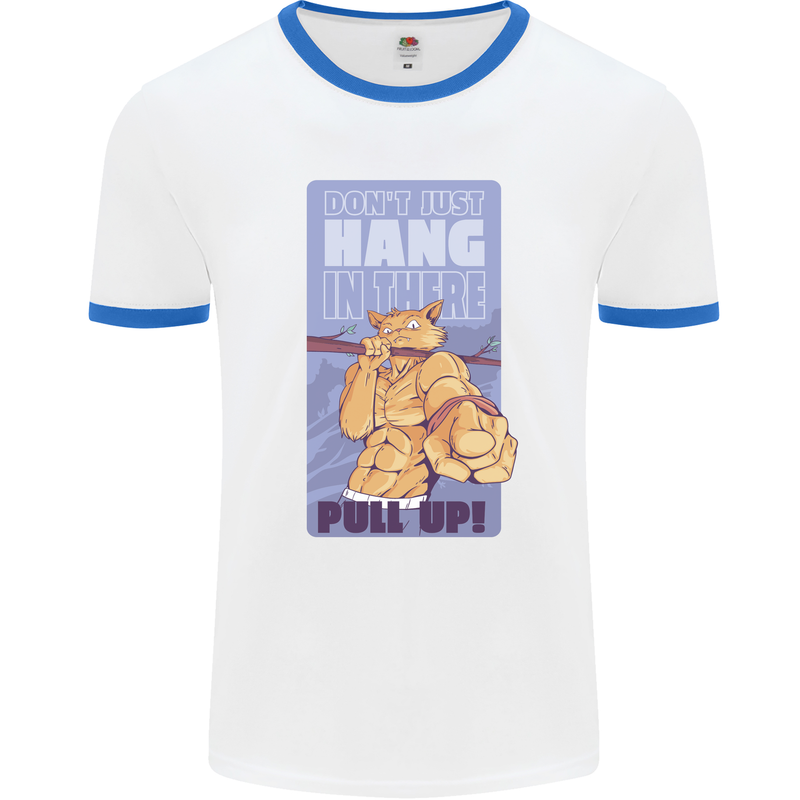 Pull Up Funny Cat Gym Training Mens Ringer T-Shirt White/Royal Blue