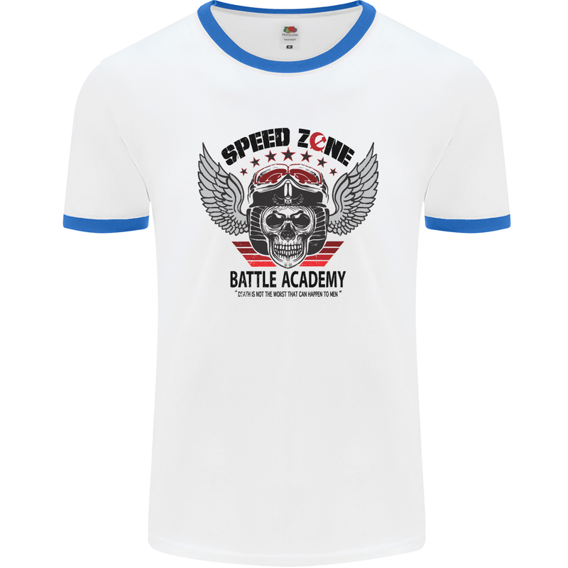 Speed Zone Motorcycle Motorbike Biker Mens White Ringer T-Shirt White/Royal Blue