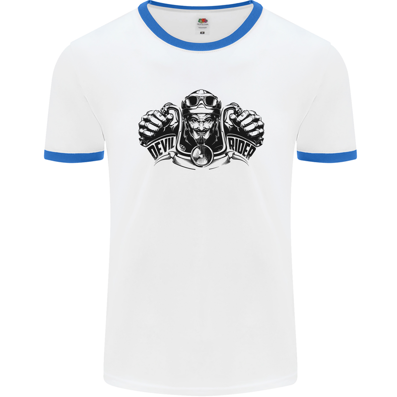 Devil Rider Motorcycle Motorbike Biker Mens White Ringer T-Shirt White/Royal Blue