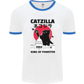 Catzilla Funny Cat Parody Mens White Ringer T-Shirt White/Royal Blue