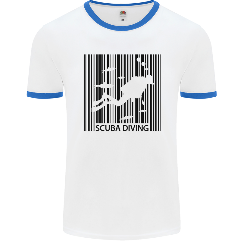 Scuba Barcode Diving Diver Dive Funny Mens White Ringer T-Shirt White/Royal Blue