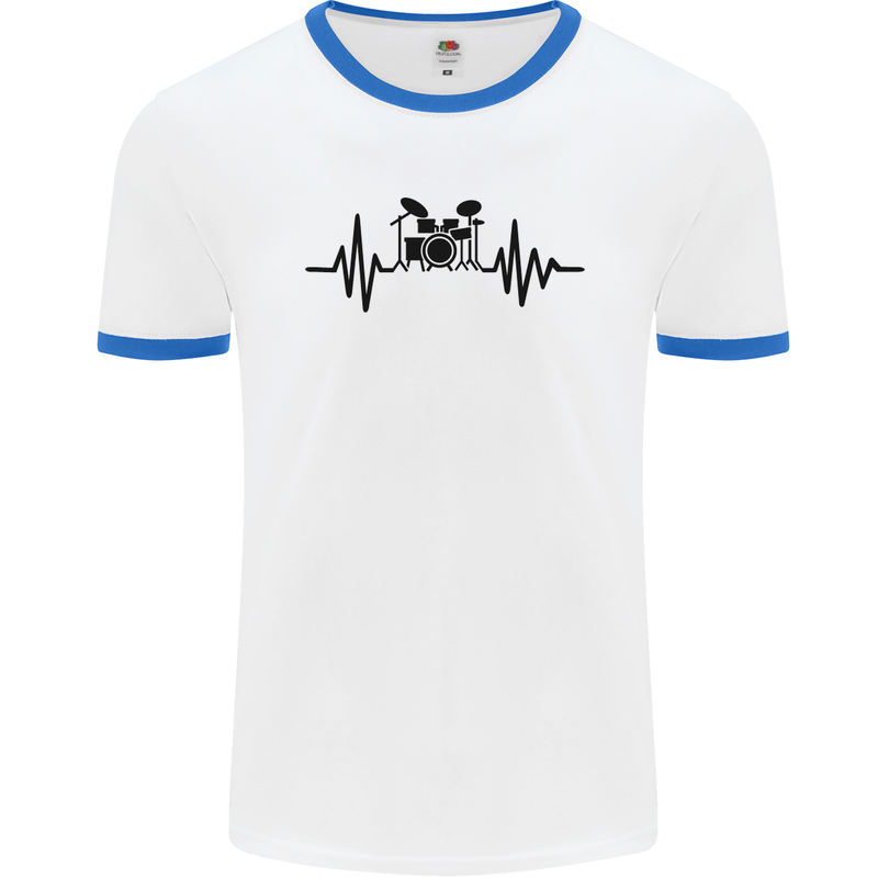 Drum Kit Pulse ECG Drummer Drumming Drum Mens White Ringer T-Shirt White/Royal Blue