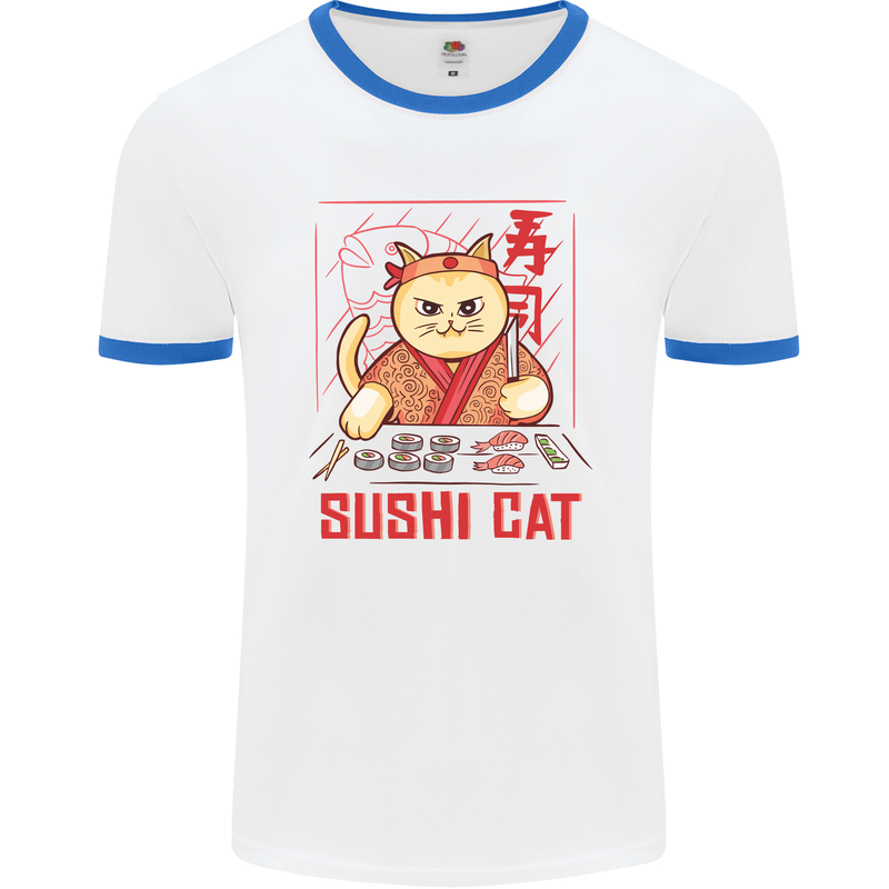 Funny Sushi Cat Food Fish Chef Japan Mens White Ringer T-Shirt White/Royal Blue