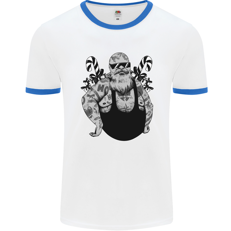 Tattoo Santa Funny Christmas Biker Motorbike Mens White Ringer T-Shirt White/Royal Blue