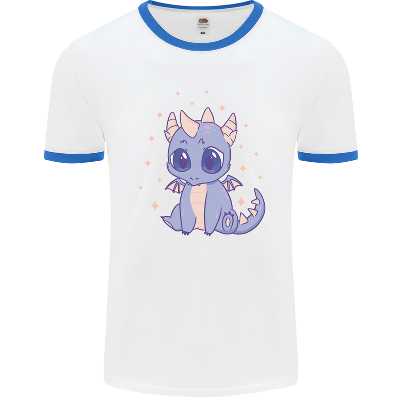 Cute Kawaii Baby Dragon Mens White Ringer T-Shirt White/Royal Blue