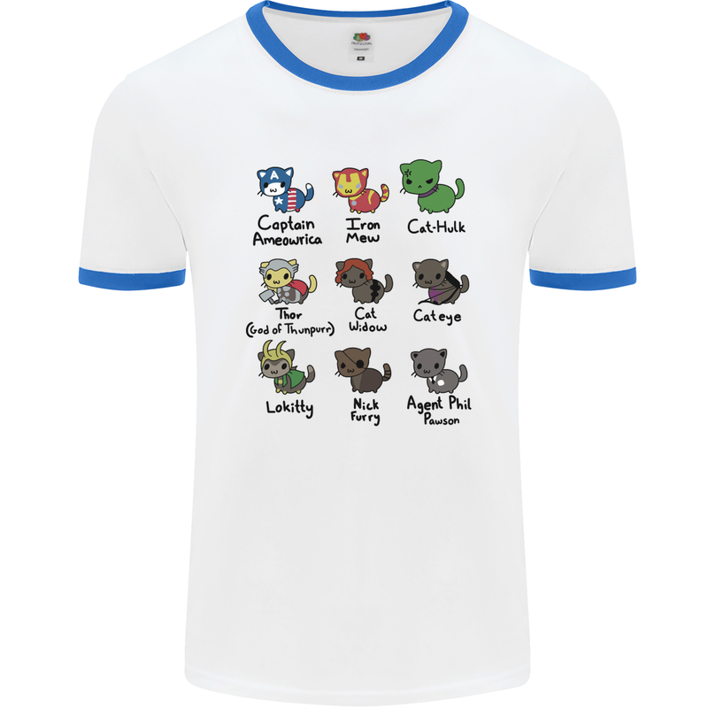 Funny Cat Superheroes Mens White Ringer T-Shirt White/Royal Blue