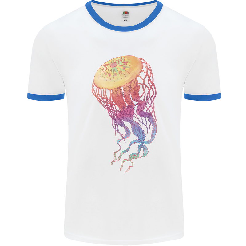 Colourful Jellyfish Ocean Life Mens White Ringer T-Shirt White/Royal Blue