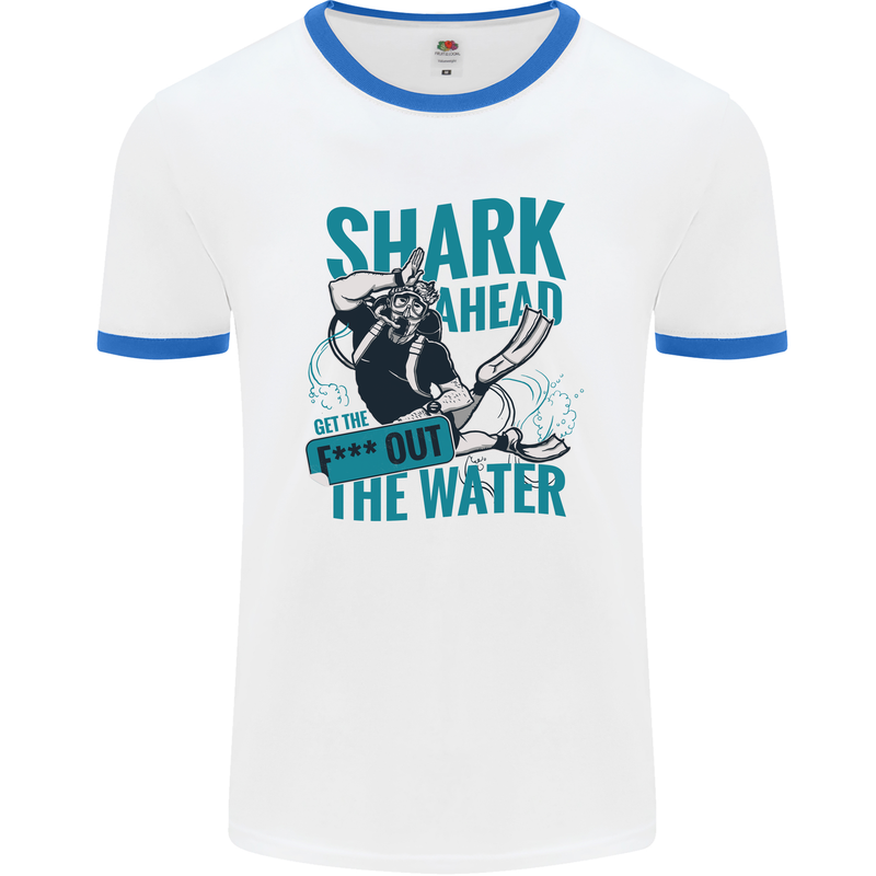 Shark Ahead Funny Diver Scuba Diving Mens White Ringer T-Shirt White/Royal Blue