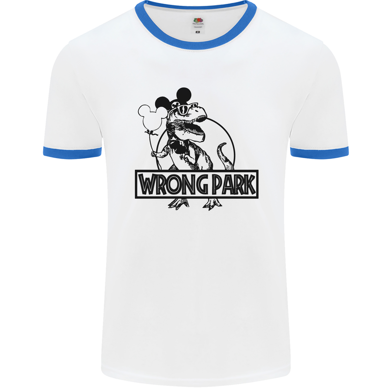 Wrong Park Funny T-Rex Dinosaur Jurrasic Mens White Ringer T-Shirt White/Royal Blue