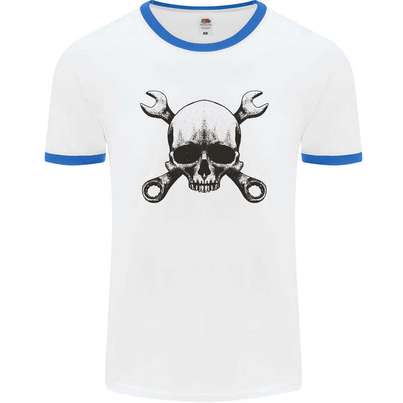 Spanner Skull Mechanic Car Biker Motorcycle Mens White Ringer T-Shirt White/Royal Blue