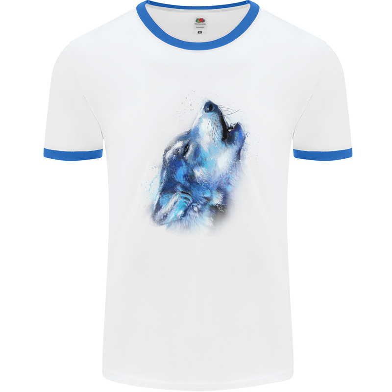 A Watercolour Wolf Mens White Ringer T-Shirt White/Royal Blue