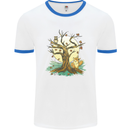 An Owl and Fox Tree Nature Ecology Mens White Ringer T-Shirt White/Royal Blue