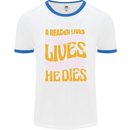 Bookworm Reading a Reader Dies Funny Mens White Ringer T-Shirt White/Royal Blue