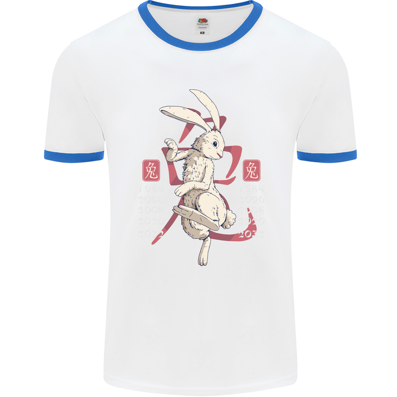 Chinese Zodiac Shengxiao Year of the Rabbit Mens White Ringer T-Shirt White/Royal Blue