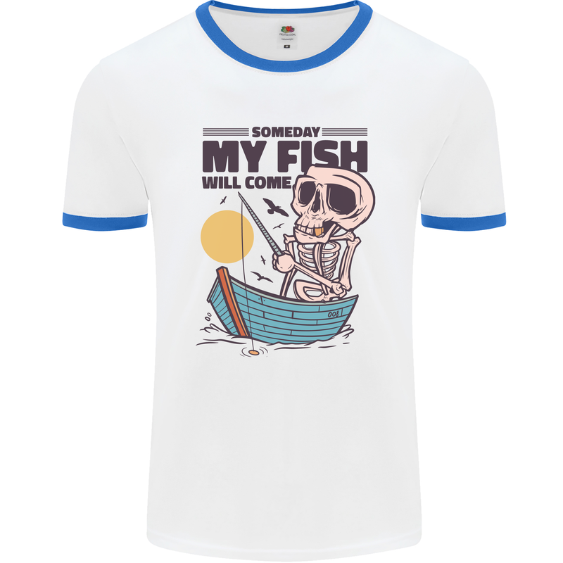 Fishing My Fish Will Come Funny Fisherman Mens White Ringer T-Shirt White/Royal Blue