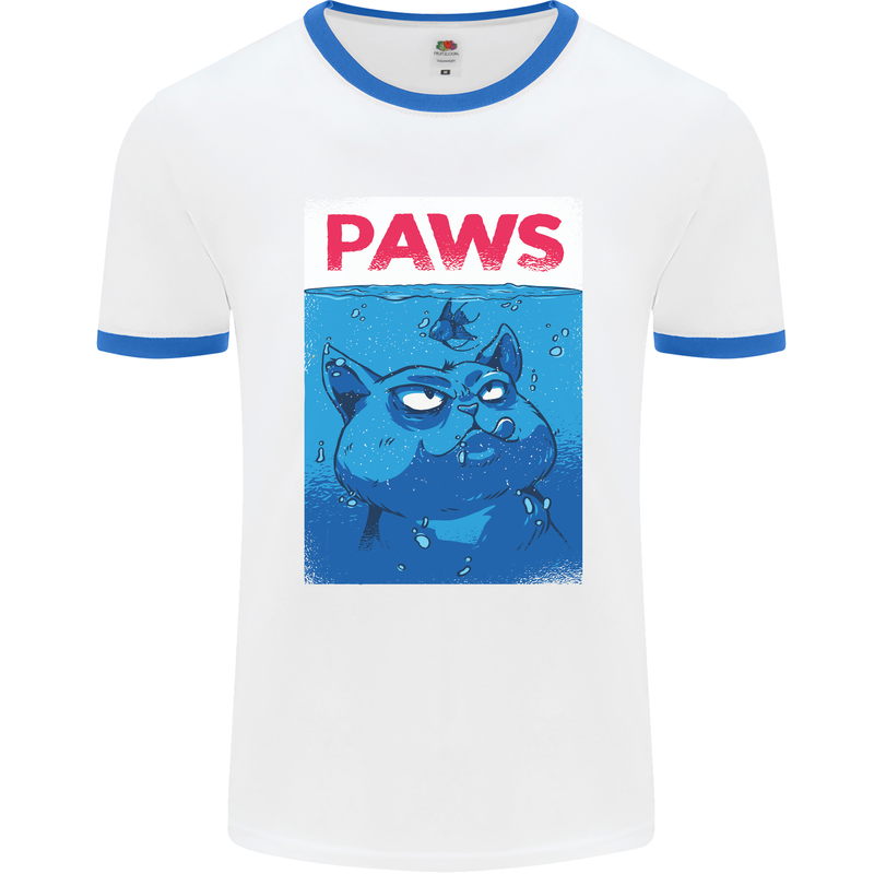 Paws Funny Cat and Goldfish Parody Mens White Ringer T-Shirt White/Royal Blue