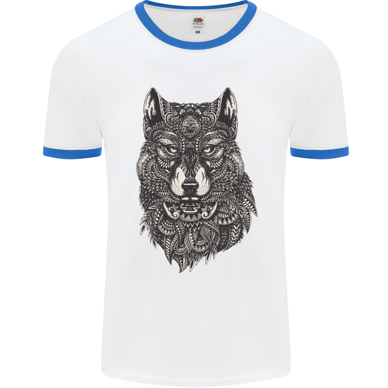 Abstract Dog Mandala Art Mens White Ringer T-Shirt White/Royal Blue