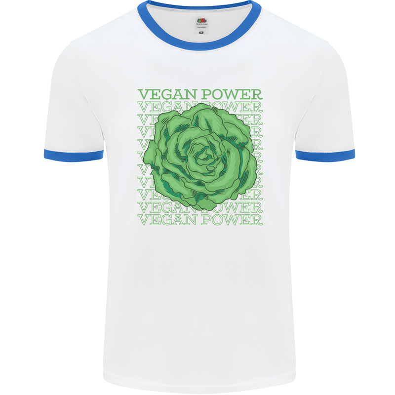 Vegan Power Mens White Ringer T-Shirt White/Royal Blue