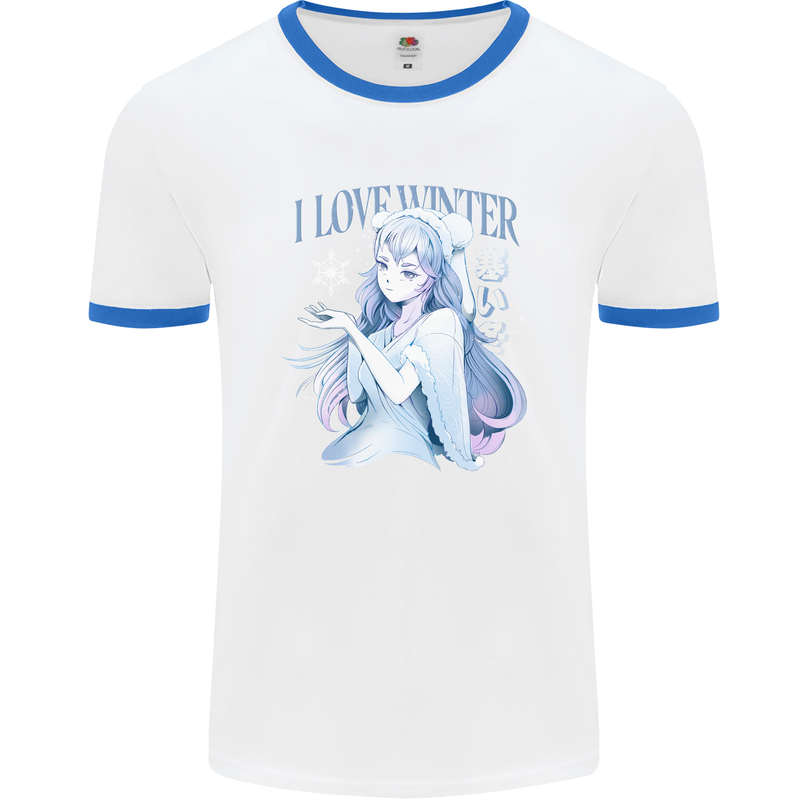 I Love Winter Anime Japanese Text Mens White Ringer T-Shirt White/Royal Blue