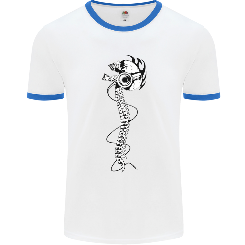 Headphone Wearing Skull Spine Mens White Ringer T-Shirt White/Royal Blue