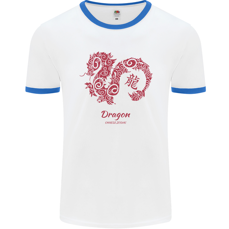 Chinese Zodiac Shengxiao Year of the Dragon Mens White Ringer T-Shirt White/Royal Blue