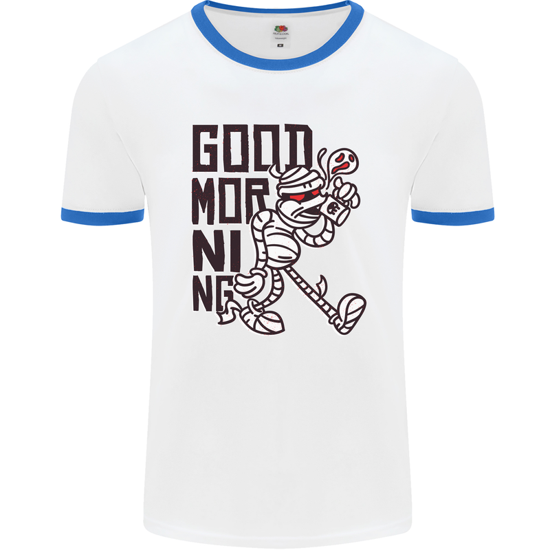 Good Morning Mummy Coffee Halloween Mens White Ringer T-Shirt White/Royal Blue