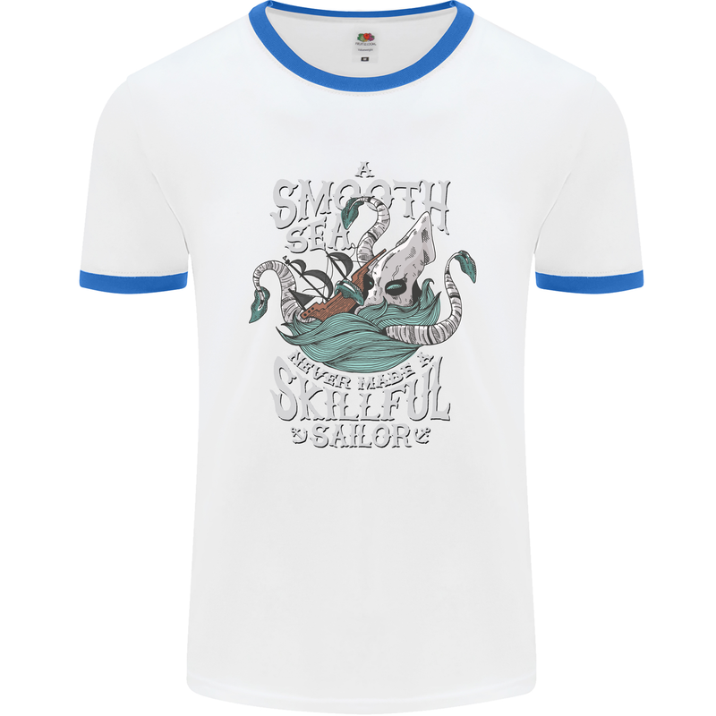 Skilful Sailor Kraken Sailing Cthulhu Mens White Ringer T-Shirt White/Royal Blue