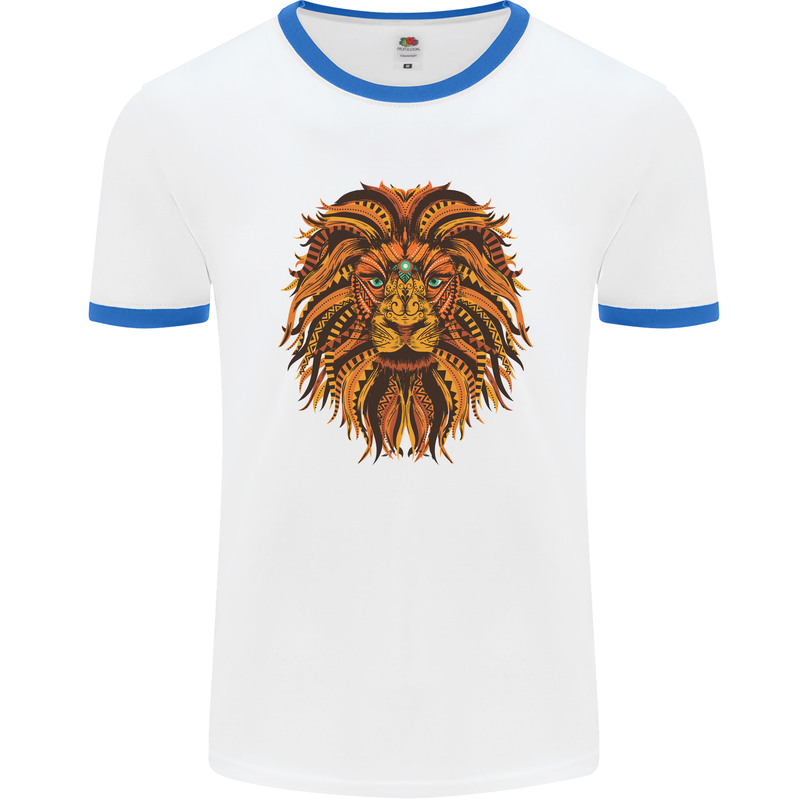 Mandala Art Lion Mens White Ringer T-Shirt White/Royal Blue