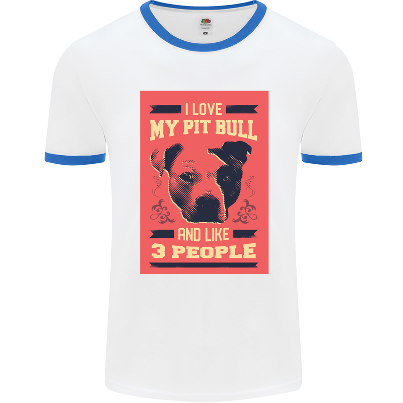 I Love My Pitbull & 3 People Funny Mens White Ringer T-Shirt White/Royal Blue