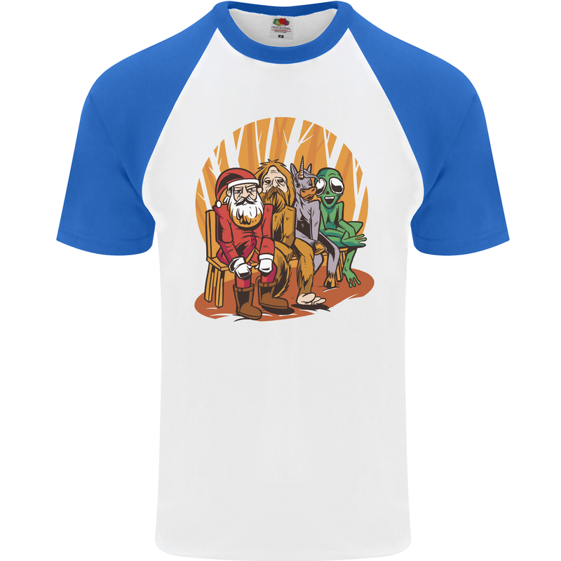 Christmas Santa Claus Bigfoot Unicorn Alien Mens S/S Baseball T-Shirt White/Royal Blue