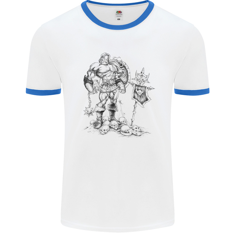 Viking Warior Skull Thor Odin Valhalla MMA Mens White Ringer T-Shirt White/Royal Blue