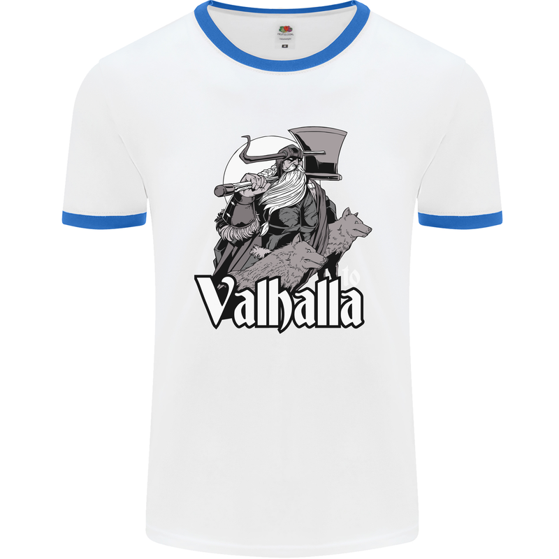 To Valhalla Viking Warrior Odin Mens Ringer T-Shirt White/Royal Blue