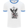 St. Michael Killing the Devil Christian God Mens White Ringer T-Shirt White/Royal Blue