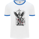 St. Michael Killing the Devil Christian God Mens White Ringer T-Shirt White/Royal Blue