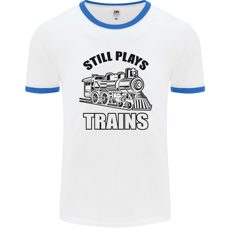 Still Plays With Trains Spotter Spotting Mens White Ringer T-Shirt White/Royal Blue