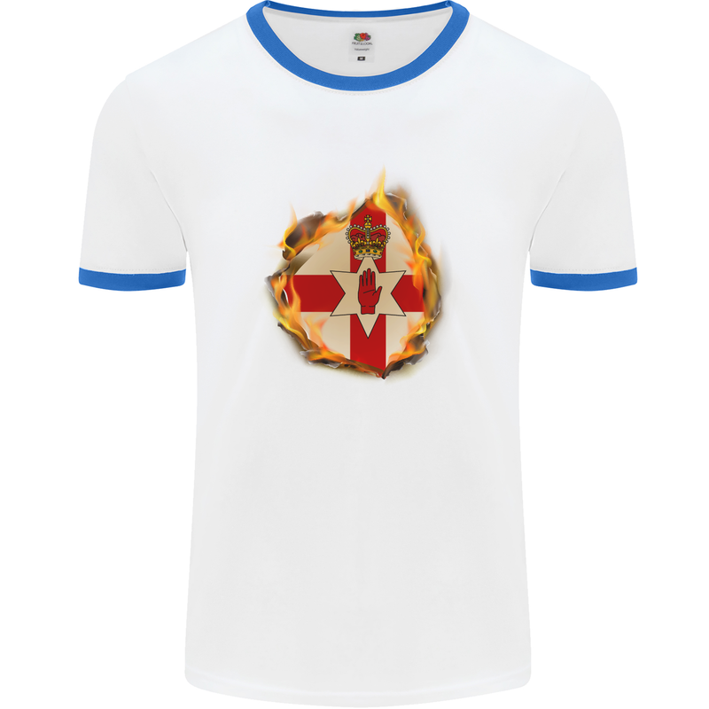 The N.Ireland Flag Fire Effect Mens White Ringer T-Shirt White/Royal Blue