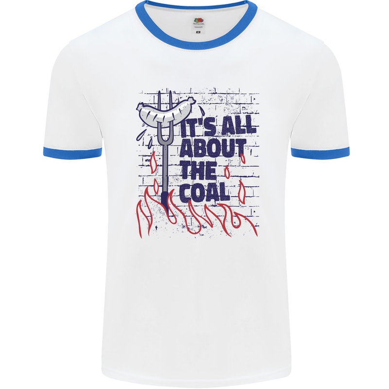 Its All About the Coal Funny BBQ Grill Mens White Ringer T-Shirt White/Royal Blue