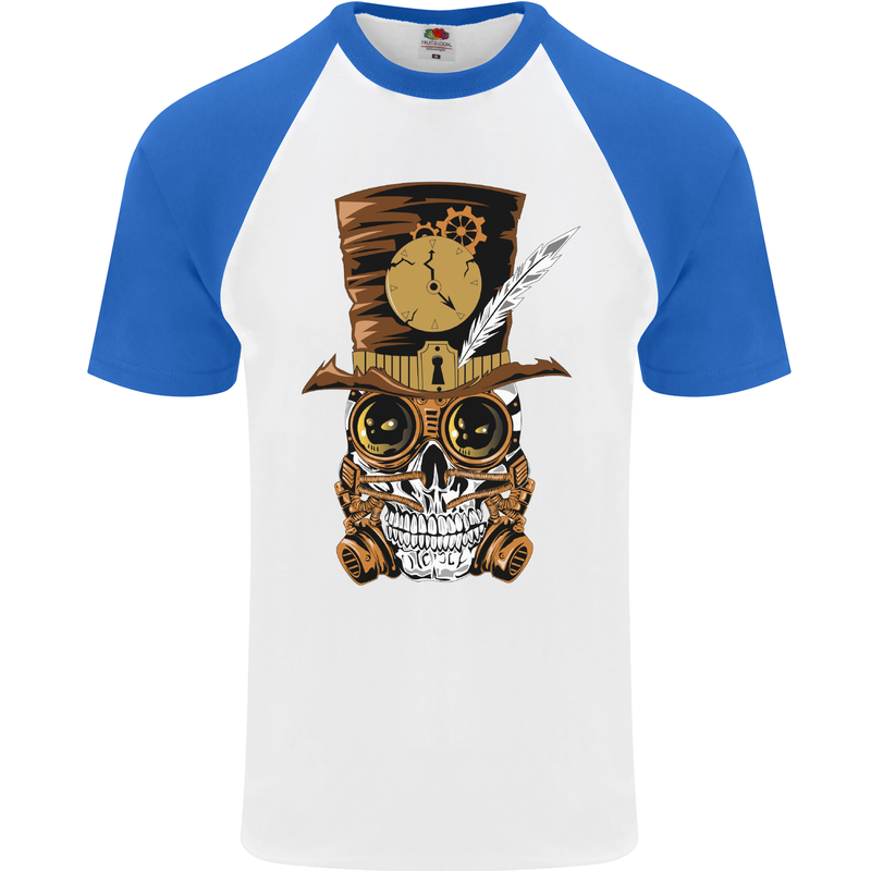 Steampunk Skull Mens S/S Baseball T-Shirt White/Royal Blue