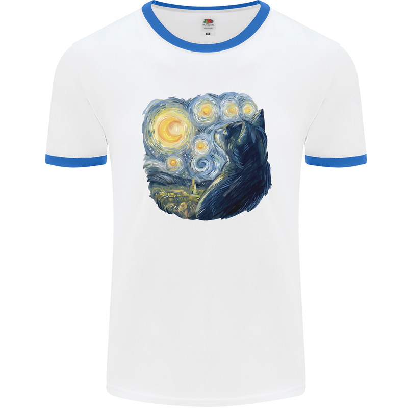 Cat Vangogh Funny Feline Painting Mens White Ringer T-Shirt White/Royal Blue