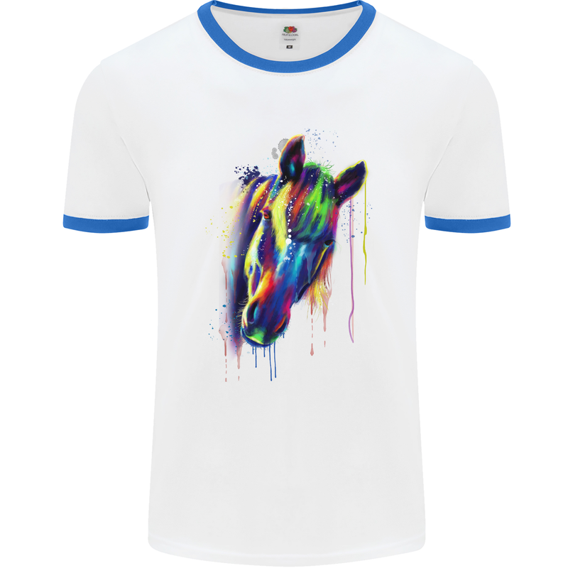 Watercolour Horse Mens White Ringer T-Shirt White/Royal Blue